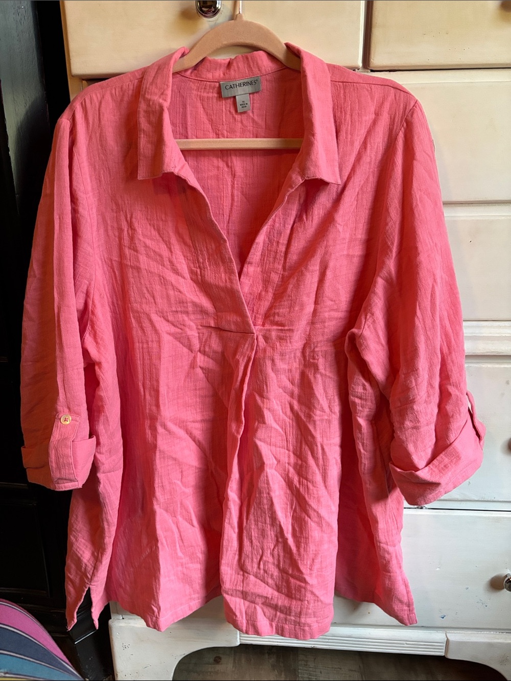 Catherines Coral-Pink Lightweight V-Neck Tunic with Roll Tabs